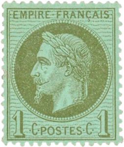 Timbre de 1 centime Napoléon III serie Lauré 1870. Graveur Désiré-Albert Barre. (Source wikimedia.org)