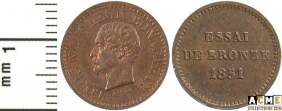 Essai module de 1 centimes 1851 Louis Napoléon Bonaparte bronze. Barre.