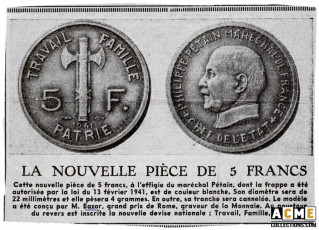 Coupure de Presse N°3, 5 Francs Pétain 1941, Bazor