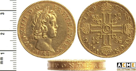 Louis XIV. Piéfort Double Louis d'or à la mèche courte, 1644 A