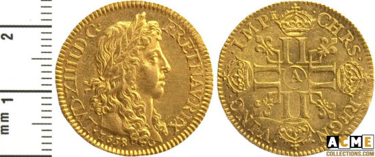 Louis XIV. Louis d'or au buste  juvénile, tête laurée 1658 A