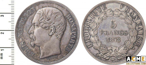 5 francs Louis Napoléon Bonaparte 1852 sans lettre. Barre
