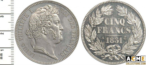 Essai concours 1831 5 francs Louis Philippe I tête laurée étain. Barre.