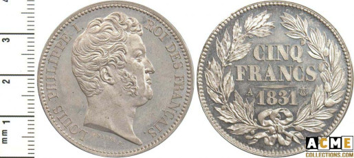 Essai concours 1831 5 francs Louis Philippe I tête nue étain. Barre.