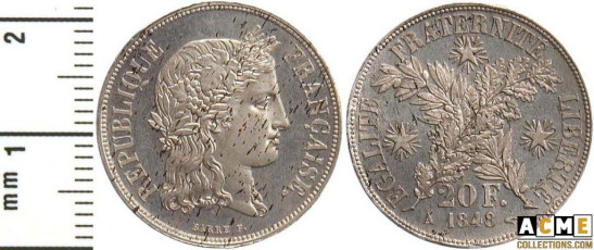 Essai concours 1848 20 francs étain. Barre.