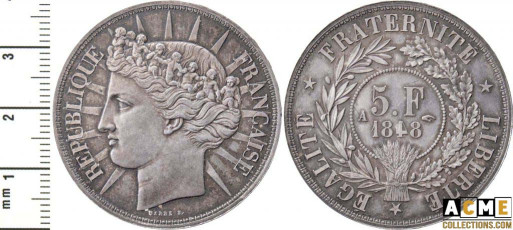 Essai concours 1848 5 francs argent. Barre.