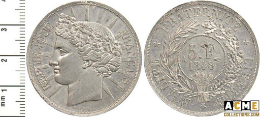 Essai concours 1848 5 francs, étain. Barre.