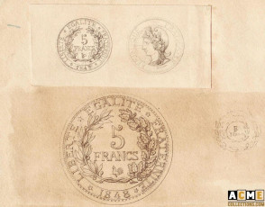 Projet d’avers et de revers pour le concours de 1848 de la monnaie de 5 francs. J.J. Barre.