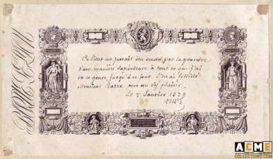Épreuve N°2 du billet de 250 francs pour la Banque de Lyon en 1839. J.J. Barre.