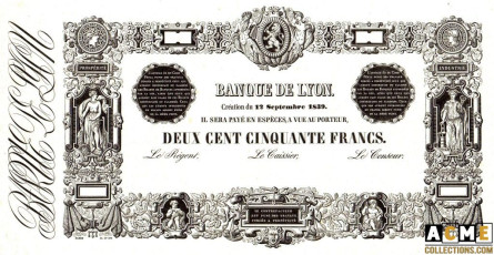 Épreuve N°1 du billet de 250 francs pour la Banque de Lyon en 1839. J.J. Barre.