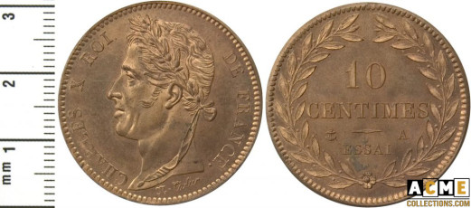 Charles X. Essai de 10 centimes A (Paris) en cuivre, 1824-1830.