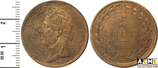 Charles X. Essai de 5 centimes A (Paris) en cuivre, 1824-1830.