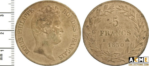 Louis-Philippe Ier. Louis Philippe I. Frappe en carton de la pièce de 5 francs 1830 B (rouen).