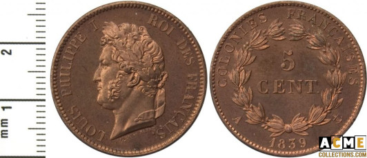 Louis-Philippe Ier. 5 centimes colonies françaises 1839.