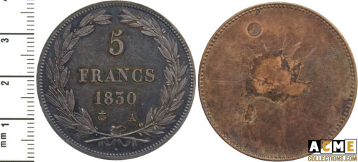 Essai uniface en cuivre plaqué argent pour la pièce de 5 francs 1830.