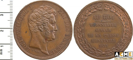 Louis-Philippe Ier. Essai de presse en bronze au module de 5 francs par Thonnelier 1833.