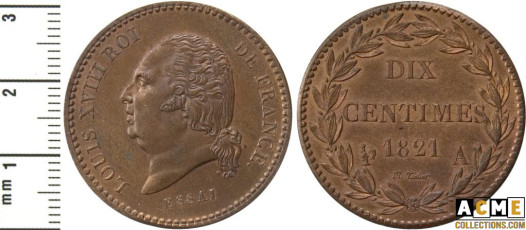 Louis XVIII. Essai de dix centimes 1821 en cuivre.