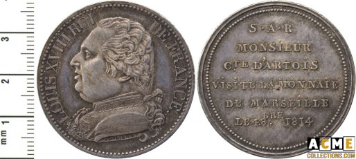 Louis XVIII. Monnaie de visite du comte d’Artois à la Monnaie de Marseille au module de 5 F, argent, 1814.