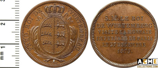 Module de 2 francs en bronze  pour la visite de la monnaie le 27 décembre 1809 par S.M. le Roi de Wurtemberg. Graveur N.P. Tiolier.